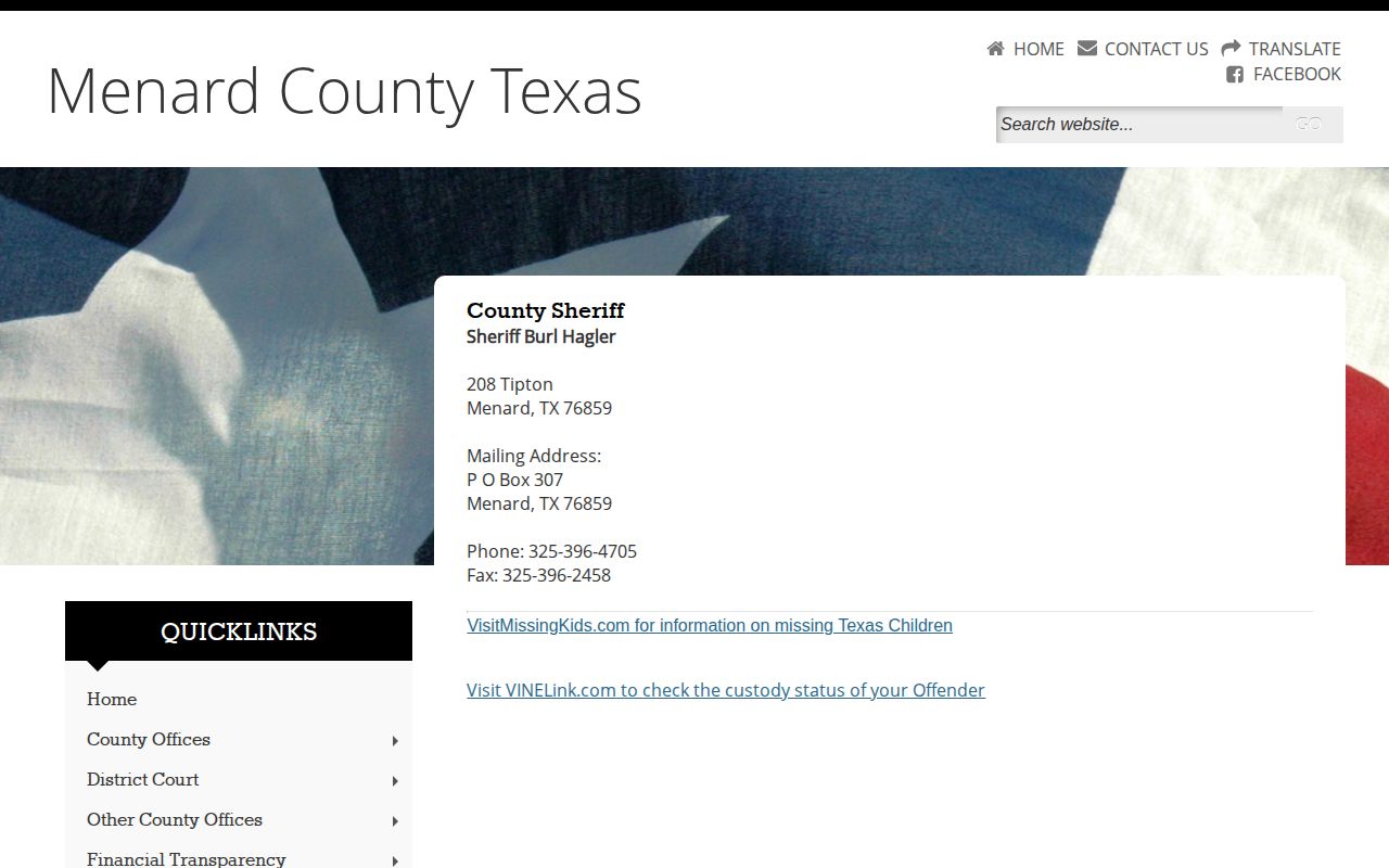 Menard County Sheriff official booking records contact page